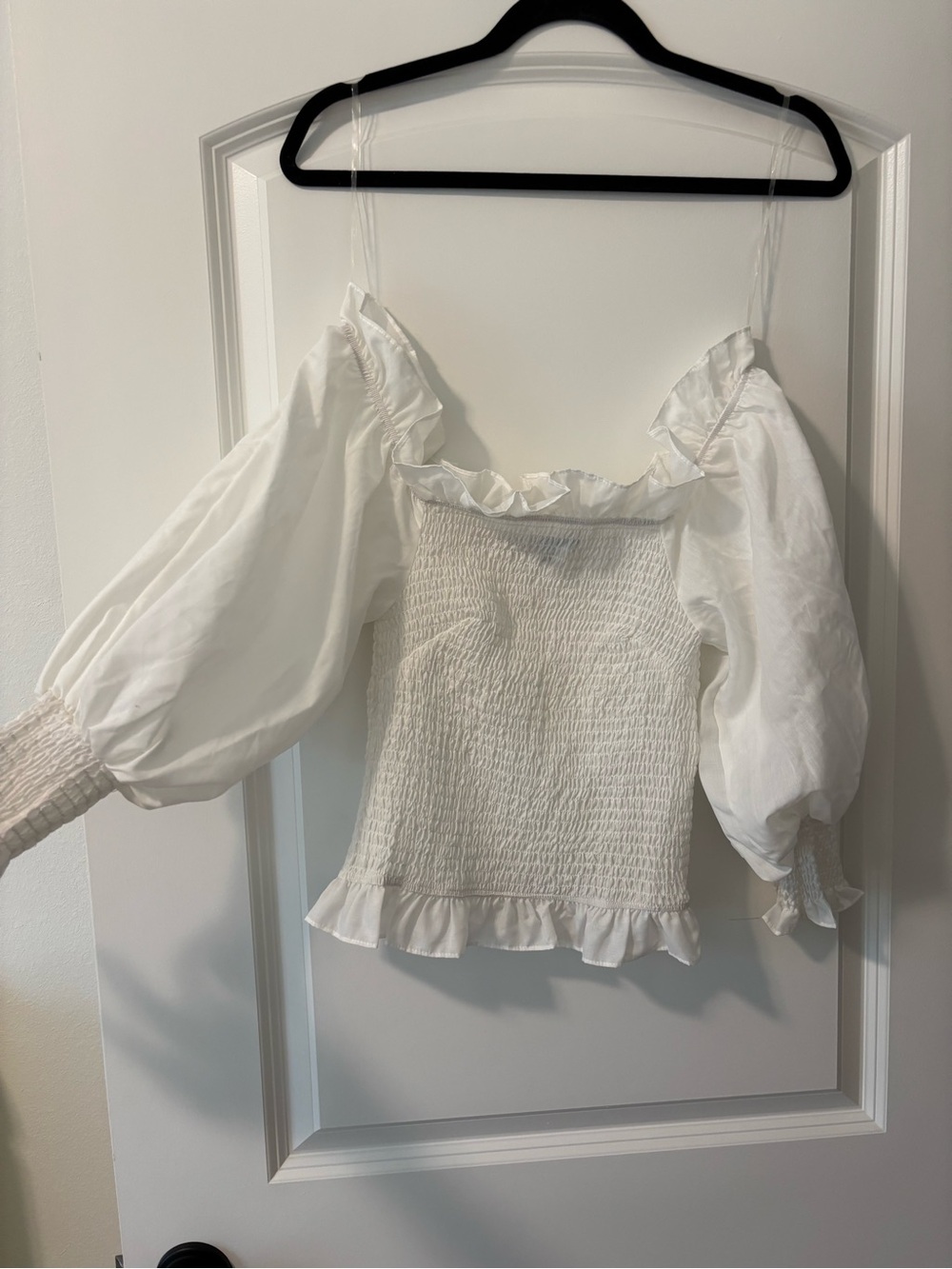 White Puff-Sleeve Smocked Women's Top